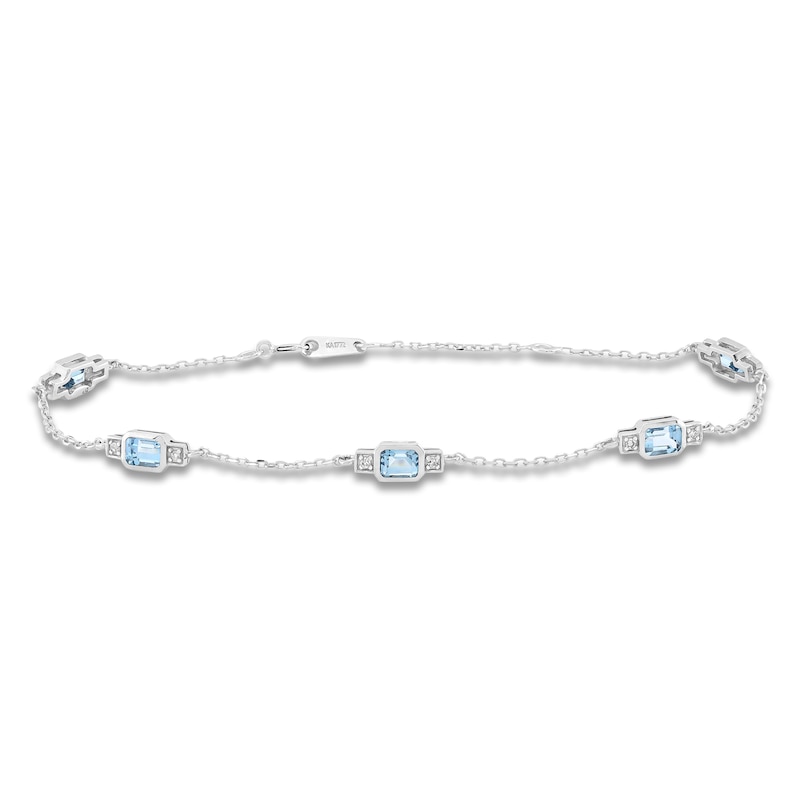 Rectangle-Cut Natural Swiss Blue Topaz & Diamond Station Bracelet 1/20 ct tw 10K White Gold 7.25