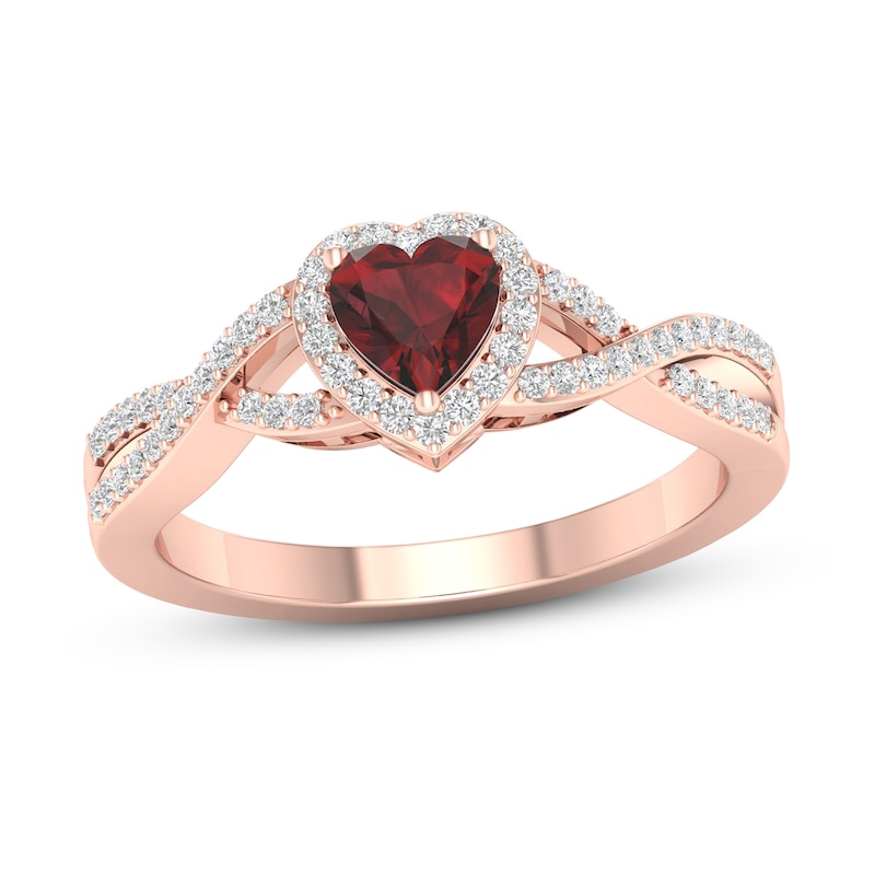 Main Image 1 of Garnet Heart Ring 1/6 ct tw Diamonds Round 10K Rose Gold