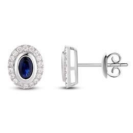 Oval-Cut Natural Blue Sapphire & Diamond Halo Stud Earrings 1/5 ct tw 14K White Gold