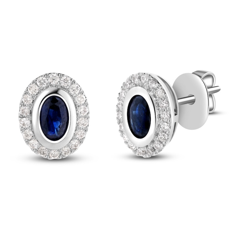 Main Image 2 of Oval-Cut Natural Blue Sapphire & Diamond Halo Stud Earrings 1/5 ct tw 14K White Gold