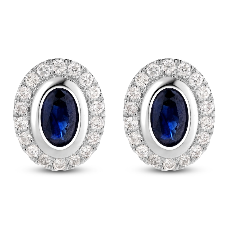 Main Image 3 of Oval-Cut Natural Blue Sapphire & Diamond Halo Stud Earrings 1/5 ct tw 14K White Gold