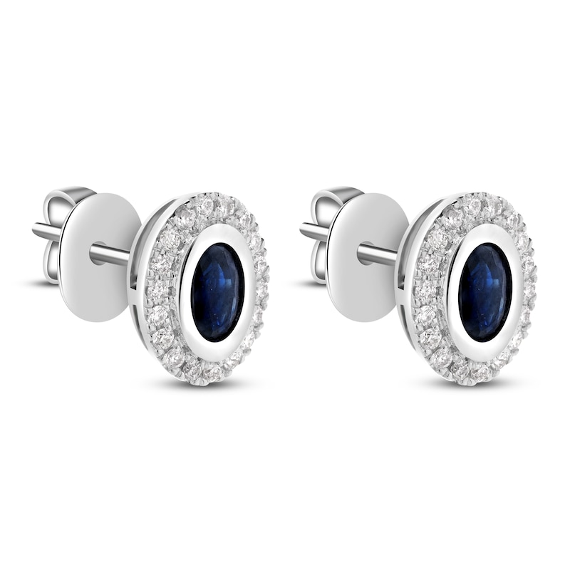 Main Image 4 of Oval-Cut Natural Blue Sapphire & Diamond Halo Stud Earrings 1/5 ct tw 14K White Gold