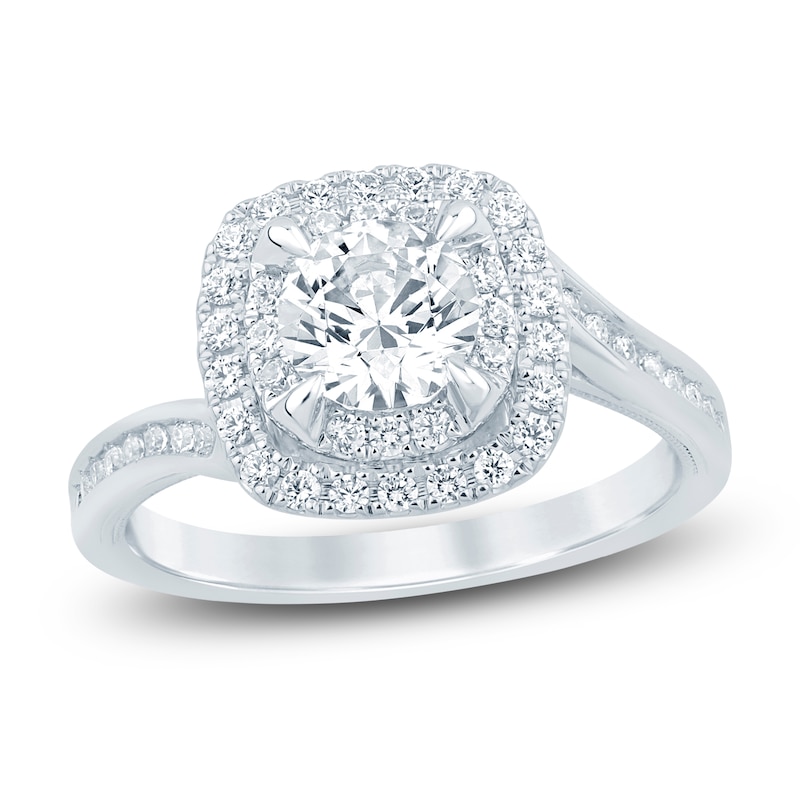 Main Image 1 of Round-Cut Lab-Created Diamond Bypass Halo Ring 1 ct tw 14K White Gold