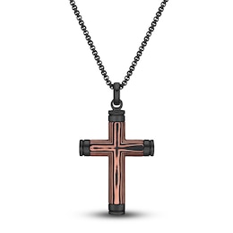 Men's Carbon Fiber Cross Necklace Black Ion-Plated Stainless Steel 24&quot;