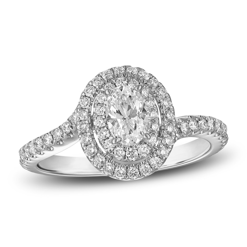 Main Image 1 of Oval & Round-Cut Diamond Double Halo Engagement Ring 7/8 ct tw 14K White Gold