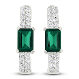 Rectangle-Cut Lab-Created Emerald & White Lab-Created Sapphire Hoop Earrings Sterling Silver