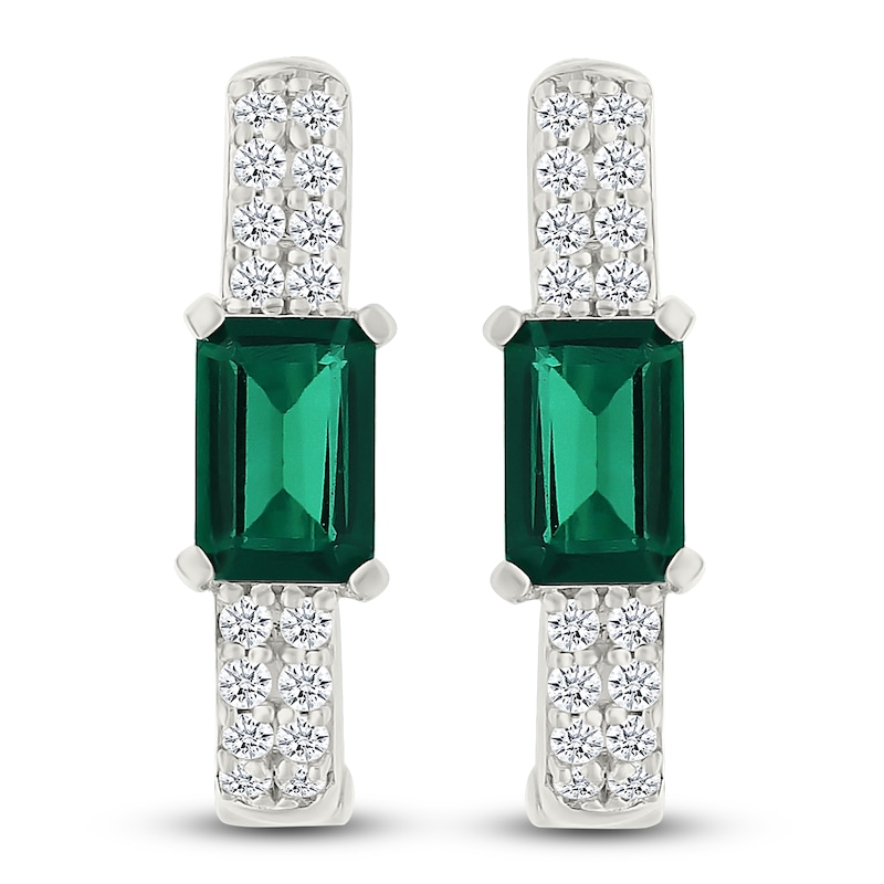 Rectangle-Cut Lab-Created Emerald & White Lab-Created Sapphire Hoop Earrings Sterling Silver