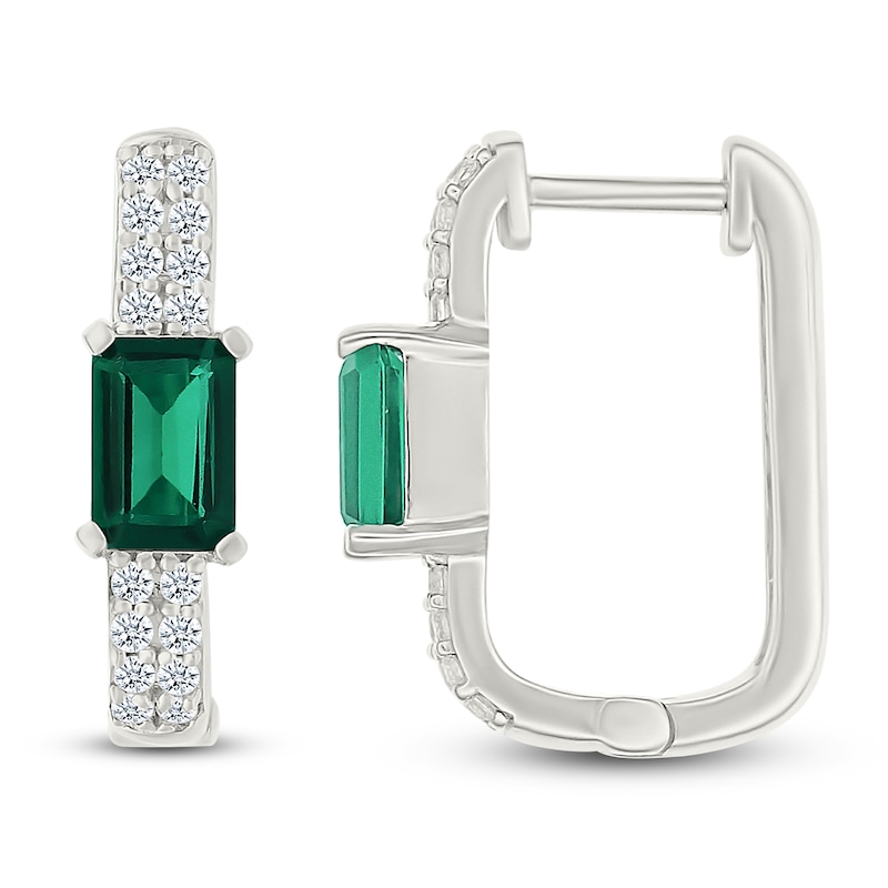 Main Image 2 of Rectangle-Cut Lab-Created Emerald & White Lab-Created Sapphire Hoop Earrings Sterling Silver