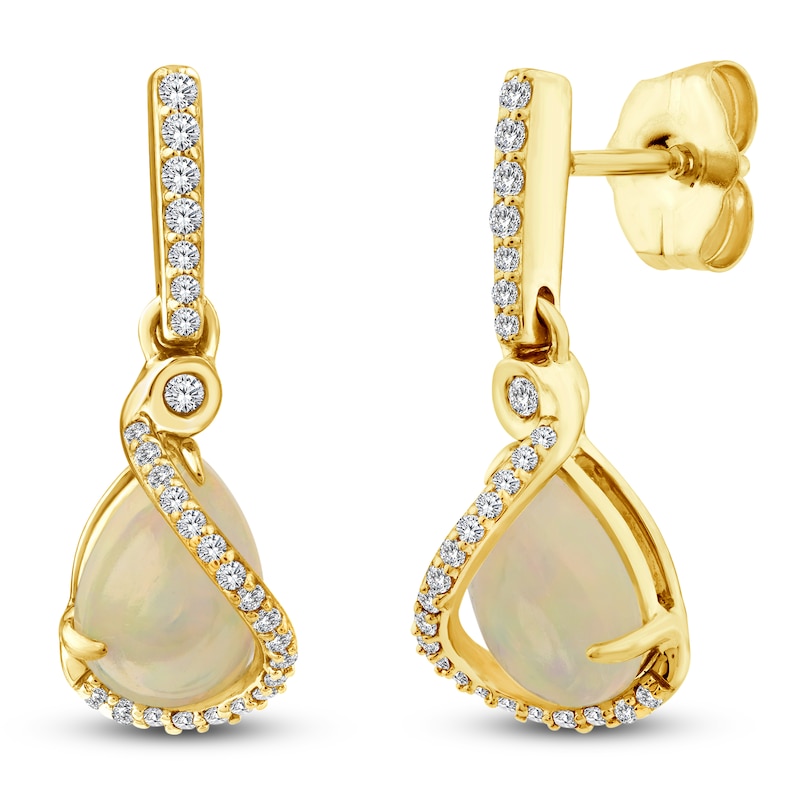 Pear-Shaped Natural Opal & Diamond Dangle Earrings 1/8 ct tw 14K Yellow Gold