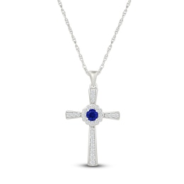 Blue & White Lab-Created Sapphire Cross Necklace Sterling Silver 18&quot;