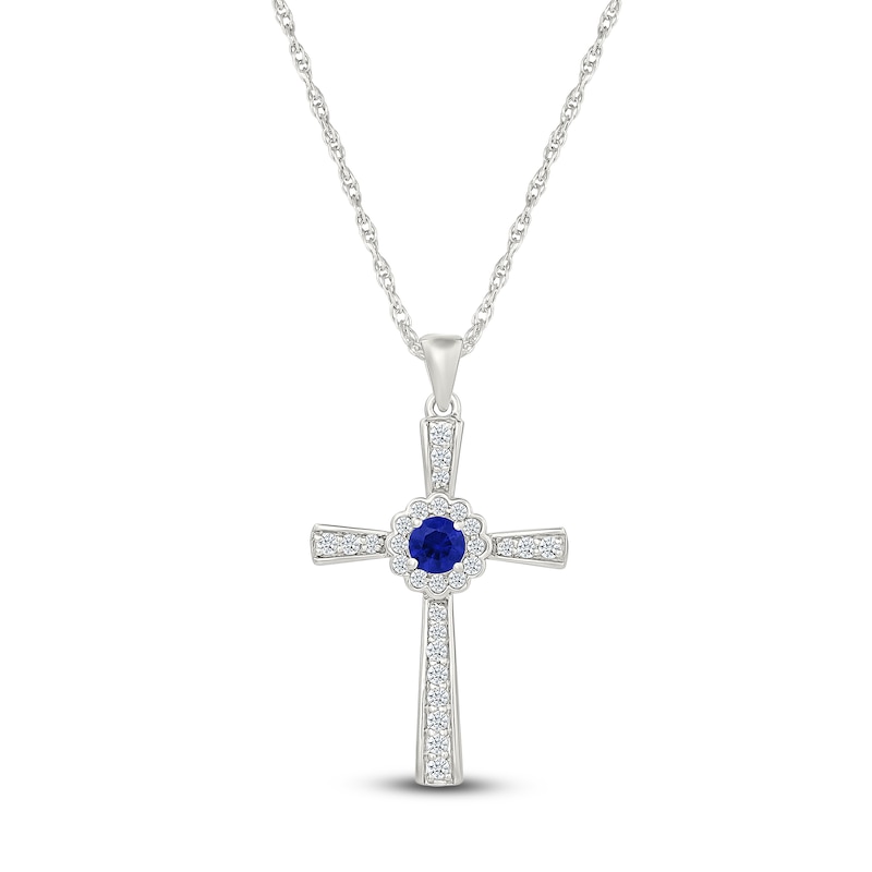 Main Image 1 of Blue & White Lab-Created Sapphire Cross Necklace Sterling Silver 18&quot;