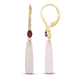 Pear-Shaped Natural Rose Quartz, Oval-Cut Natural Rhodolite Garnet & Diamond Dangle Earrings 1/20 ct tw 14K Yellow Gold