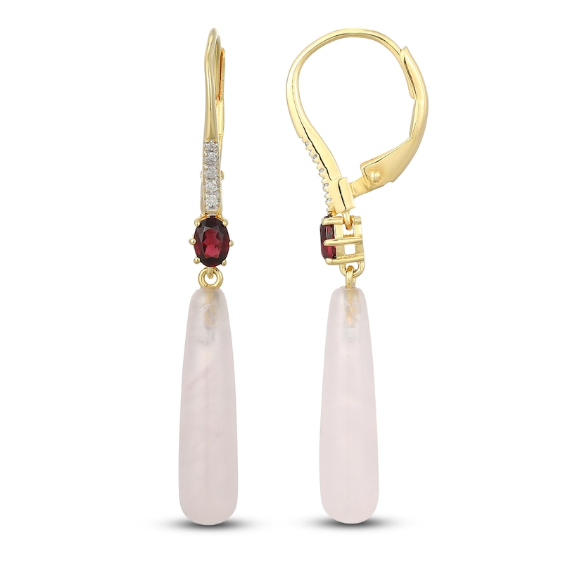 Main Image 1 of Pear-Shaped Natural Rose Quartz, Oval-Cut Natural Rhodolite Garnet & Diamond Dangle Earrings 1/20 ct tw 14K Yellow Gold