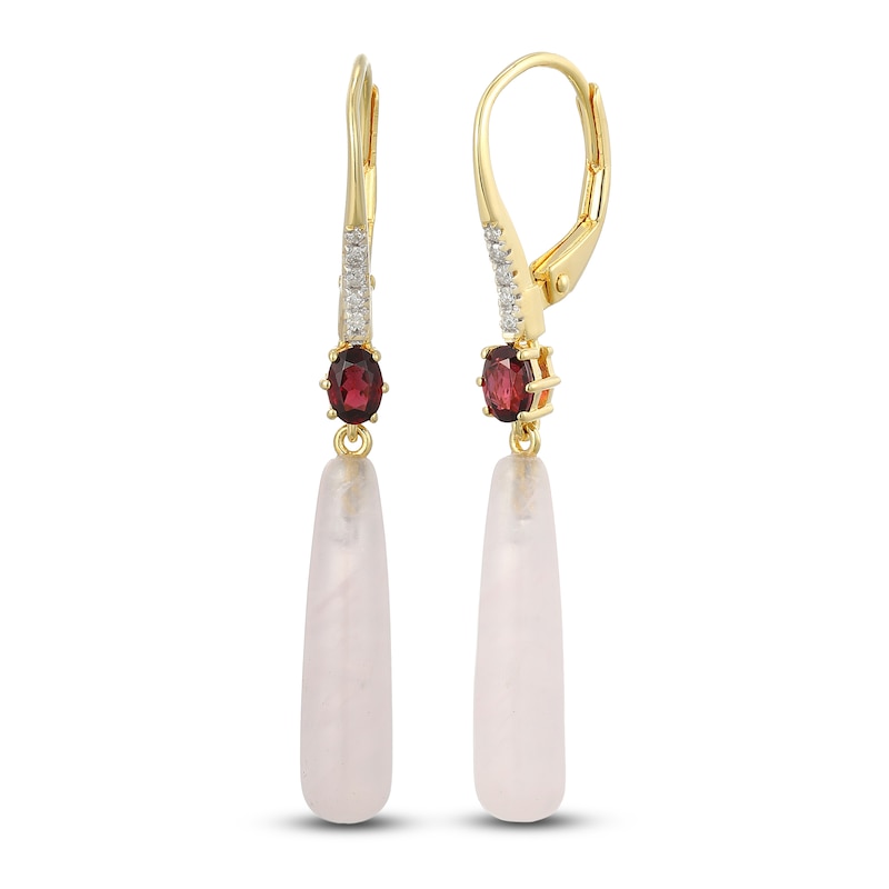 Main Image 2 of Pear-Shaped Natural Rose Quartz, Oval-Cut Natural Rhodolite Garnet & Diamond Dangle Earrings 1/20 ct tw 14K Yellow Gold