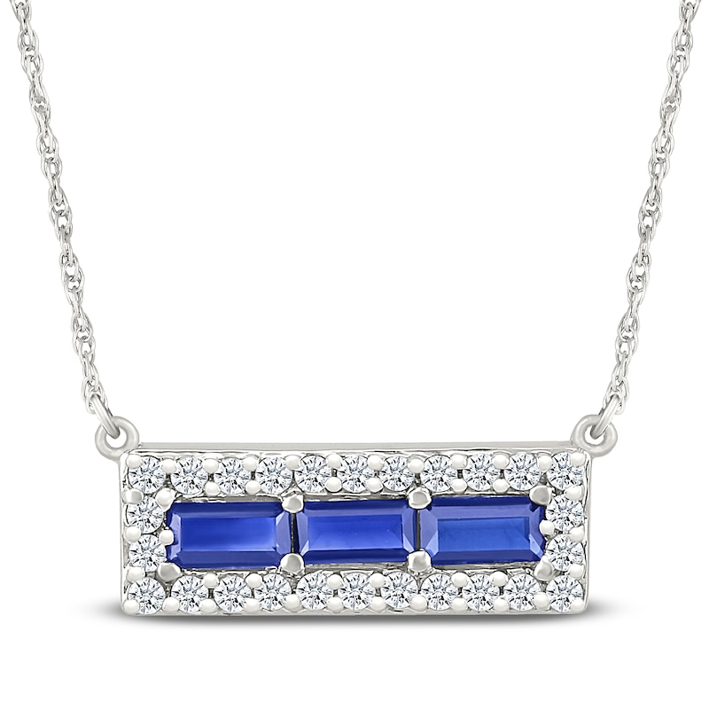 Main Image 1 of Baguette-Cut Blue Lab-Created Sapphire & White Lab-Created Sapphire Halo Bar Necklace Sterling Silver 18&quot;