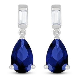 Pear-Shaped Blue Lab-Created Sapphire & Baguette-Cut White Lab-Created Sapphire Dangle Earrings Sterling Silver