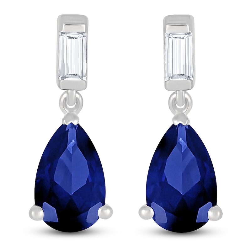 Main Image 1 of Pear-Shaped Blue Lab-Created Sapphire & Baguette-Cut White Lab-Created Sapphire Dangle Earrings Sterling Silver