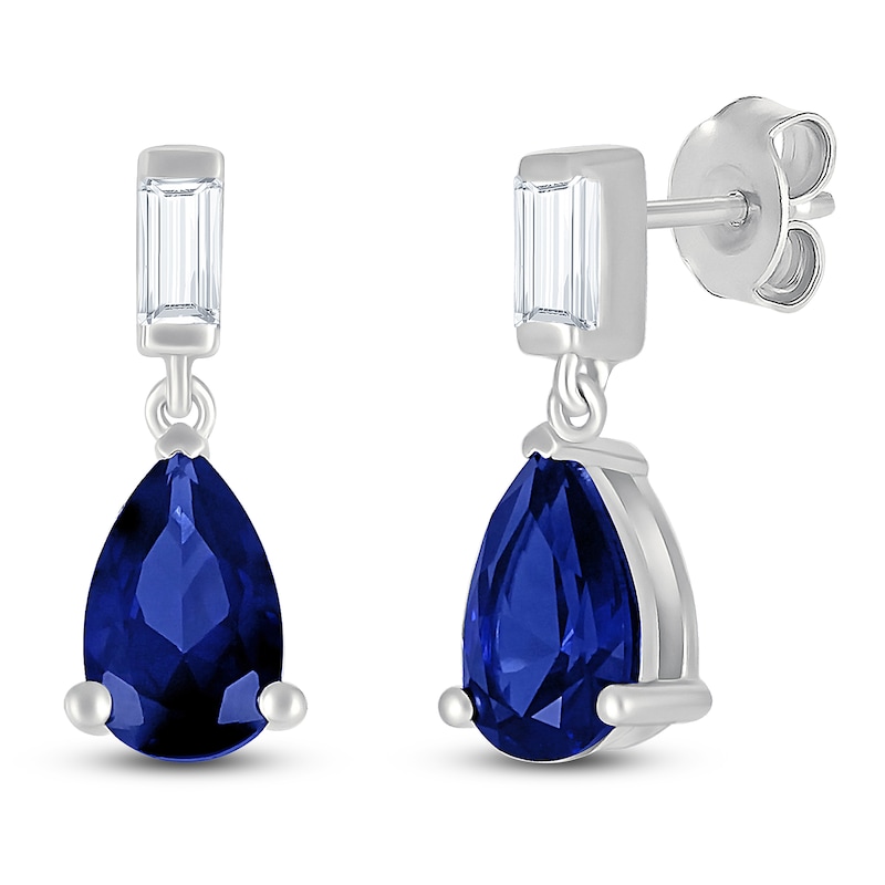 Main Image 2 of Pear-Shaped Blue Lab-Created Sapphire & Baguette-Cut White Lab-Created Sapphire Dangle Earrings Sterling Silver