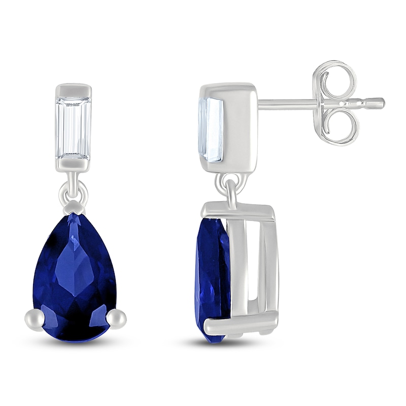 Main Image 3 of Pear-Shaped Blue Lab-Created Sapphire & Baguette-Cut White Lab-Created Sapphire Dangle Earrings Sterling Silver