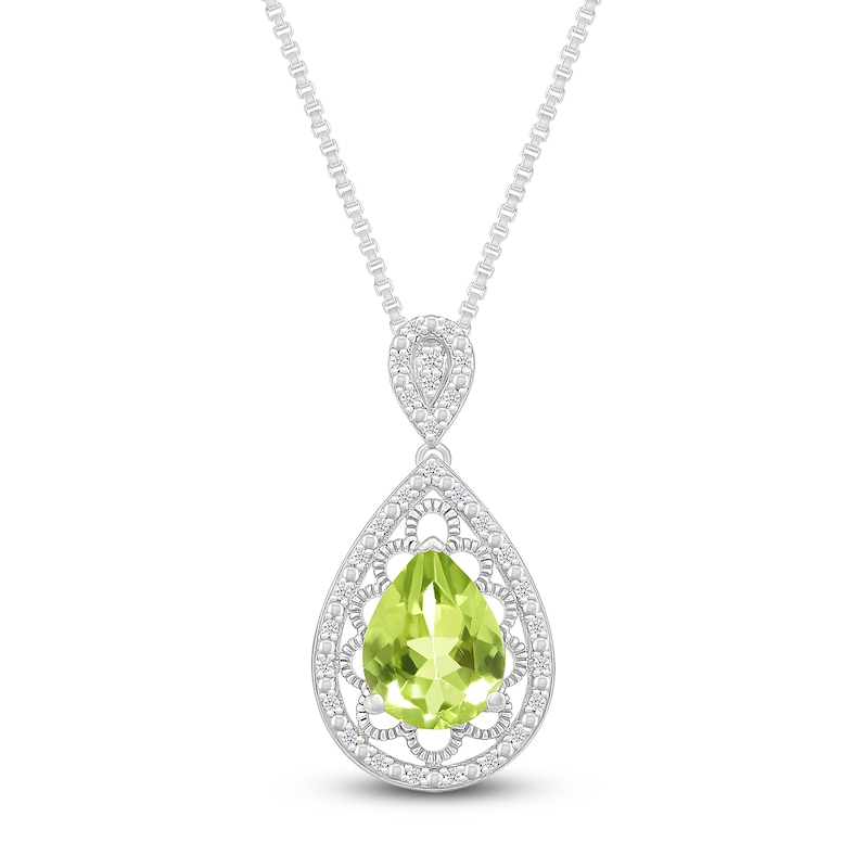 Main Image 1 of Pear-Shaped Natural Peridot & Diamond Necklace 1/10 ct tw Sterling Silver 18&quot;