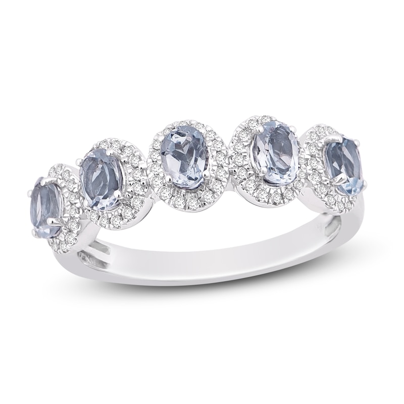 Main Image 1 of Natural Aquamarine Anniversary Ring 1/4 ct tw Diamonds 14K White Gold