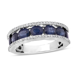 Natural Blue Sapphire Anniversary Ring 1/4 ct tw Diamonds 14K White Gold