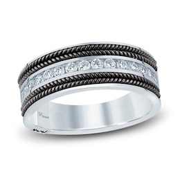 Men's 6.0mm Diamond-Cut Braided Milgrain Edge Comfort-Fit Engravable  Wedding Band in 14K White Gold (1 Line)