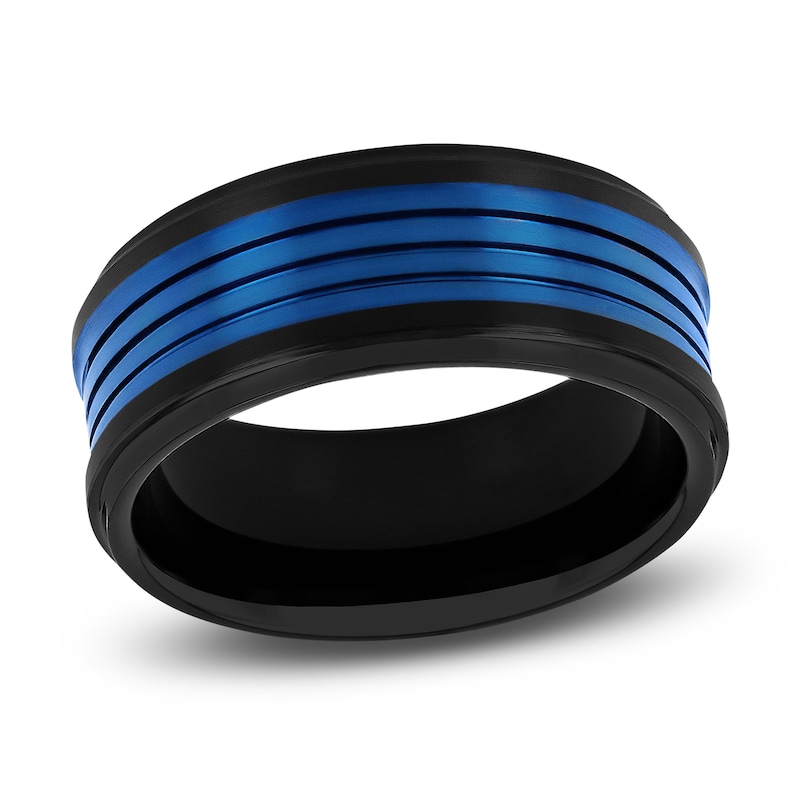 Main Image 1 of Men's Wedding Band Black & Blue Ion-Plated Tungsten 9.0mm