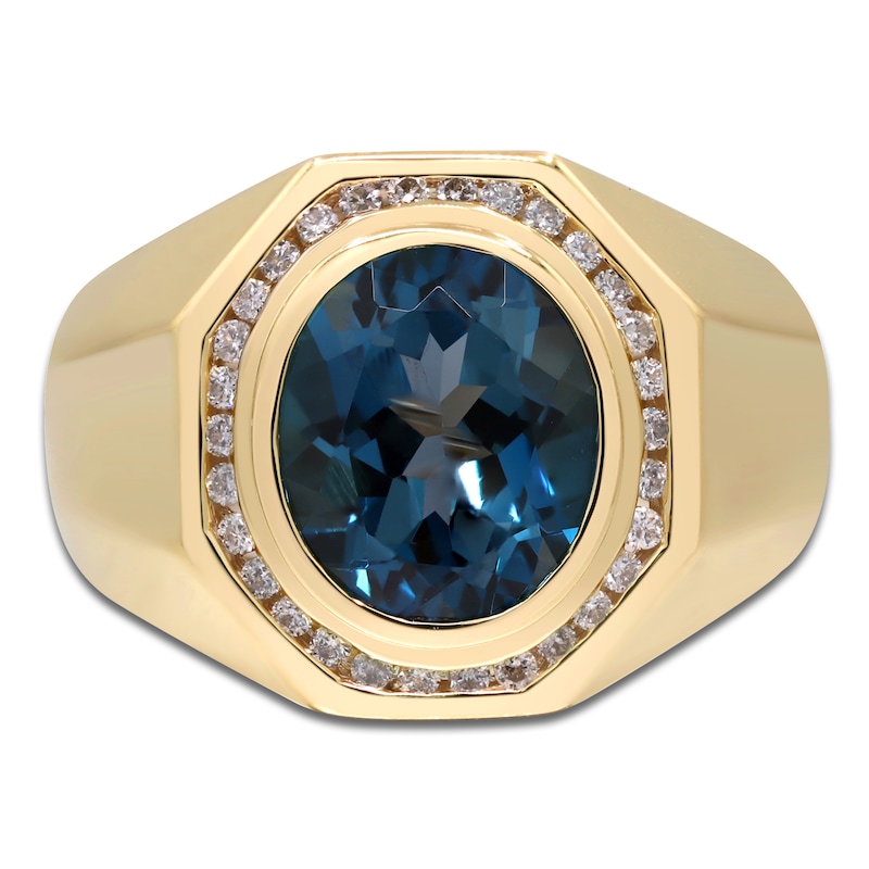 Men's Oval-Cut Natural London Blue Topaz & Diamond Ring 1/3 ct tw Round 14K Yellow Gold