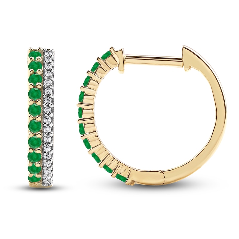 Main Image 1 of Natural Emerald Huggie Earrings 1/10 ct tw Diamonds 14K Yellow Gold