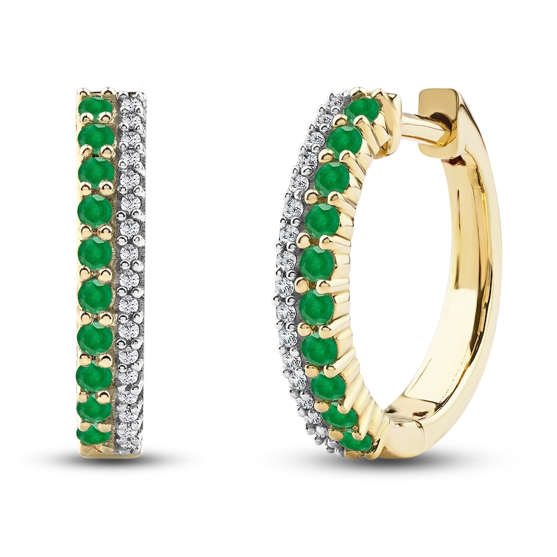 Main Image 2 of Natural Emerald Huggie Earrings 1/10 ct tw Diamonds 14K Yellow Gold