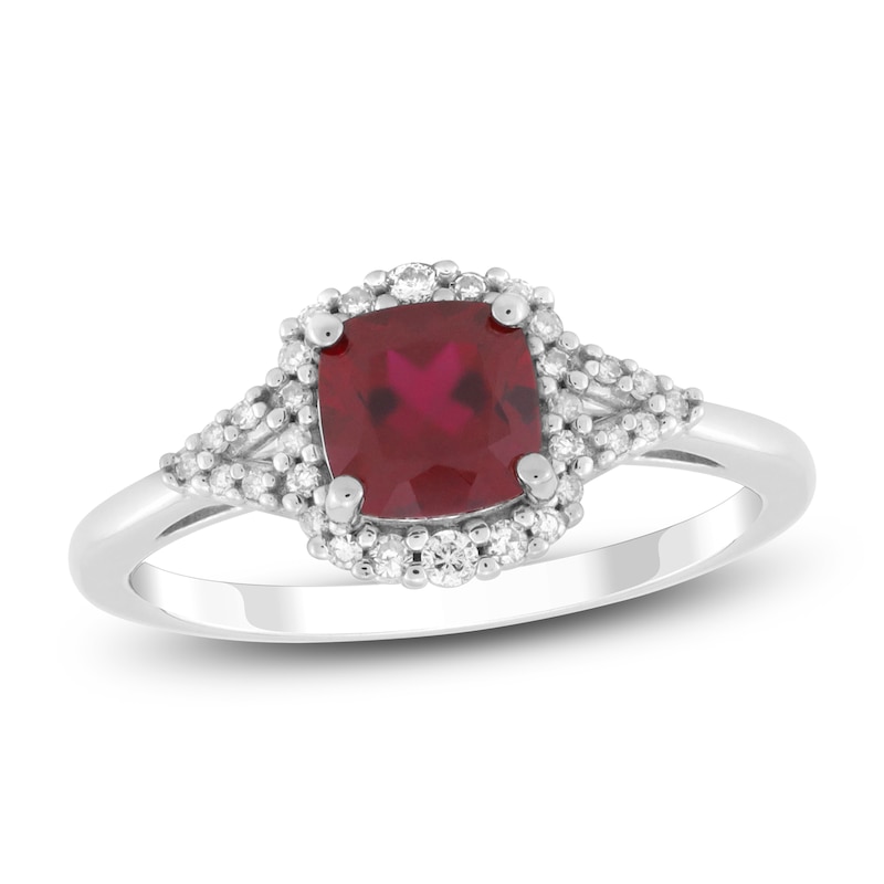 Main Image 1 of Cushion-Cut Lab-Created Ruby & Diamond Ring 1/6 ct tw 10K White Gold