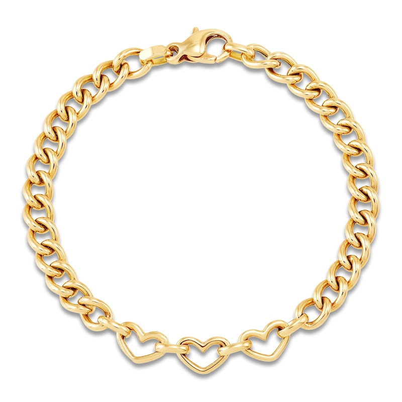 Main Image 2 of Italia D'Oro Heart Station Curb Chain Bracelet 14K Yellow Gold 7.5&quot;