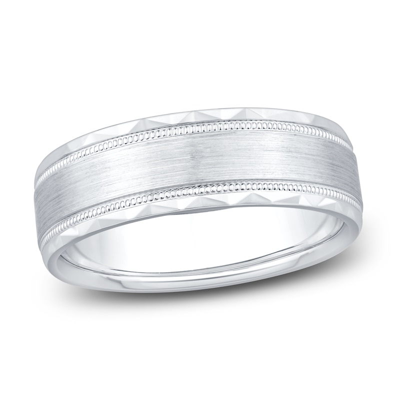 Men's Brushed Center Milgrain Wedding Band 14K White Gold 7mm