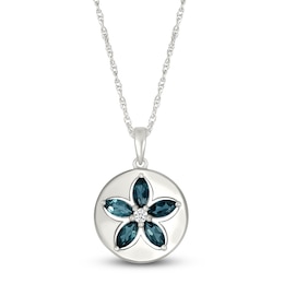 Marquise-Cut Natural London Blue Topaz & White Lab-Created Sapphire Flower Necklace Sterling Silver 18&quot;