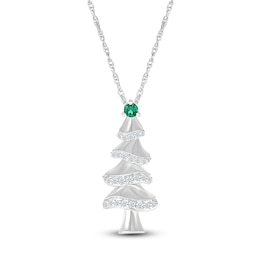 Lab-Created Emerald & White Lab-Created Sapphire Christmas Tree Sterling Silver 18&quot;