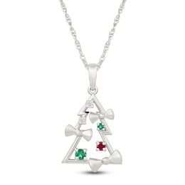 Lab-Created Gemstone Christmas Tree Necklace with Bows Sterling Silver 18&quot;