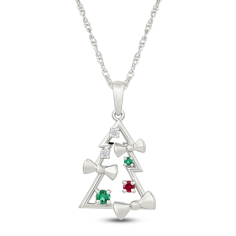 Main Image 1 of Lab-Created Gemstone Christmas Tree Necklace with Bows Sterling Silver 18&quot;