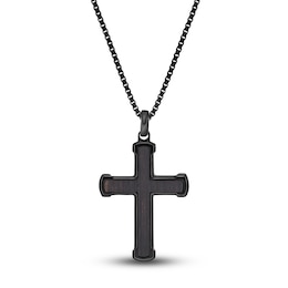 Men's Black Wood Cross Necklace Black Ion-Plated Stainless Steel 24&quot;