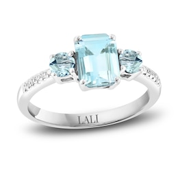 LALI Jewels Natural Aquamarine 3-Stone Engagement Ring 1/15 ct Diamonds 14K White Gold