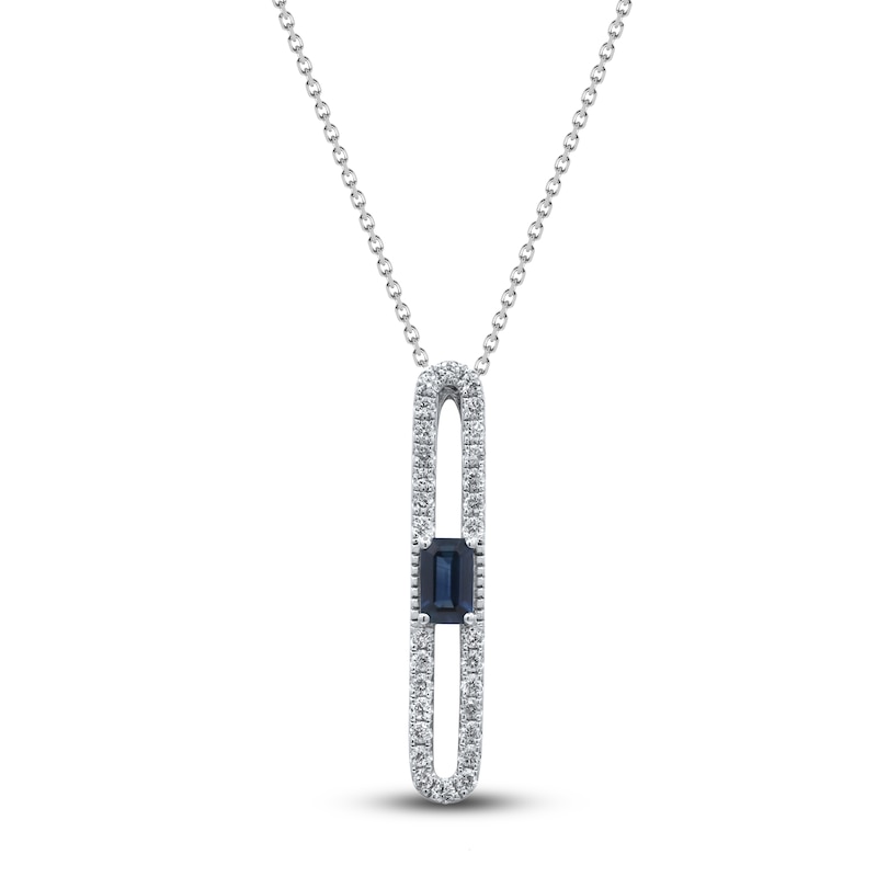 Rectangle-Cut Natural Blue Sapphire & Diamond Pendant  Necklace 1/4 ct tw 14K White Gold 18"