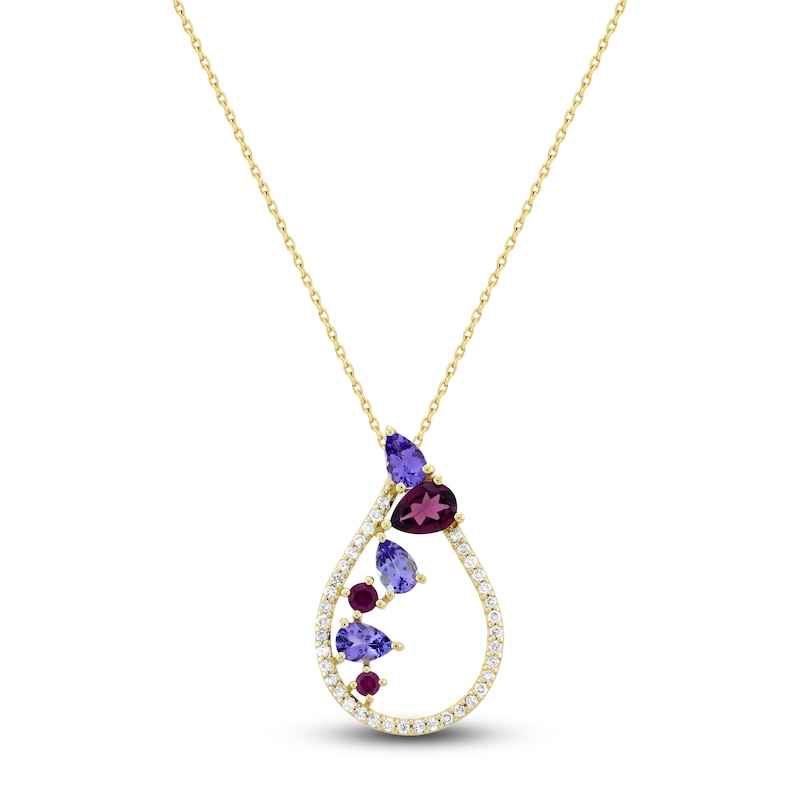 Main Image 1 of Natural Tanzanite, Garnet & Diamond Pendant Necklace 3/8 ct tw 10K Yellow Gold