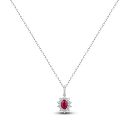 Oval-Cut Natural Ruby & Diamond Starburst Halo Necklace 1/5 ct tw 14K White Gold 18&quot;