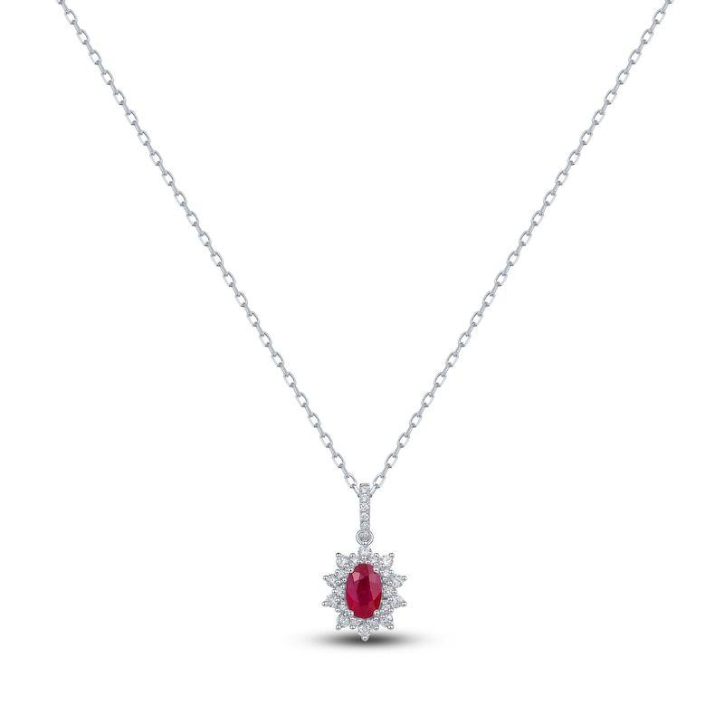 Main Image 1 of Oval-Cut Natural Ruby & Diamond Starburst Halo Necklace 1/5 ct tw 14K White Gold 18&quot;