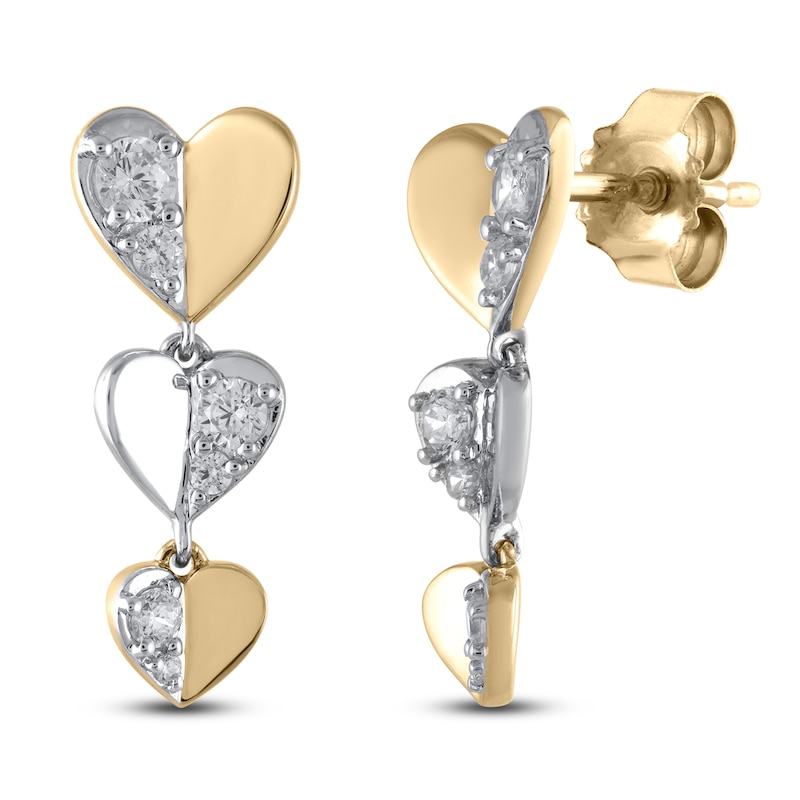 Main Image 1 of Multi-Diamond Heart Trio Drop Earrings 1/5 ct tw 10K Yellow Gold & Sterling Silver