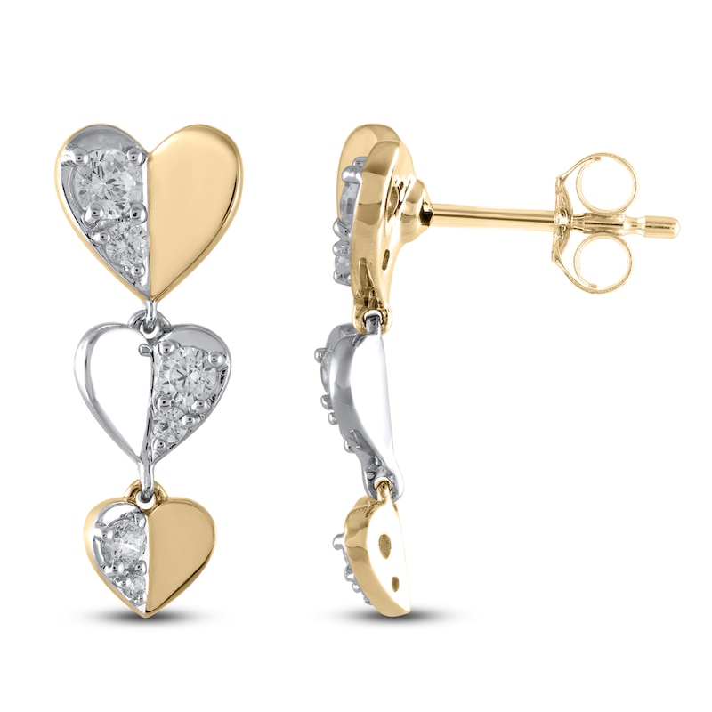 Main Image 2 of Multi-Diamond Heart Trio Drop Earrings 1/5 ct tw 10K Yellow Gold & Sterling Silver