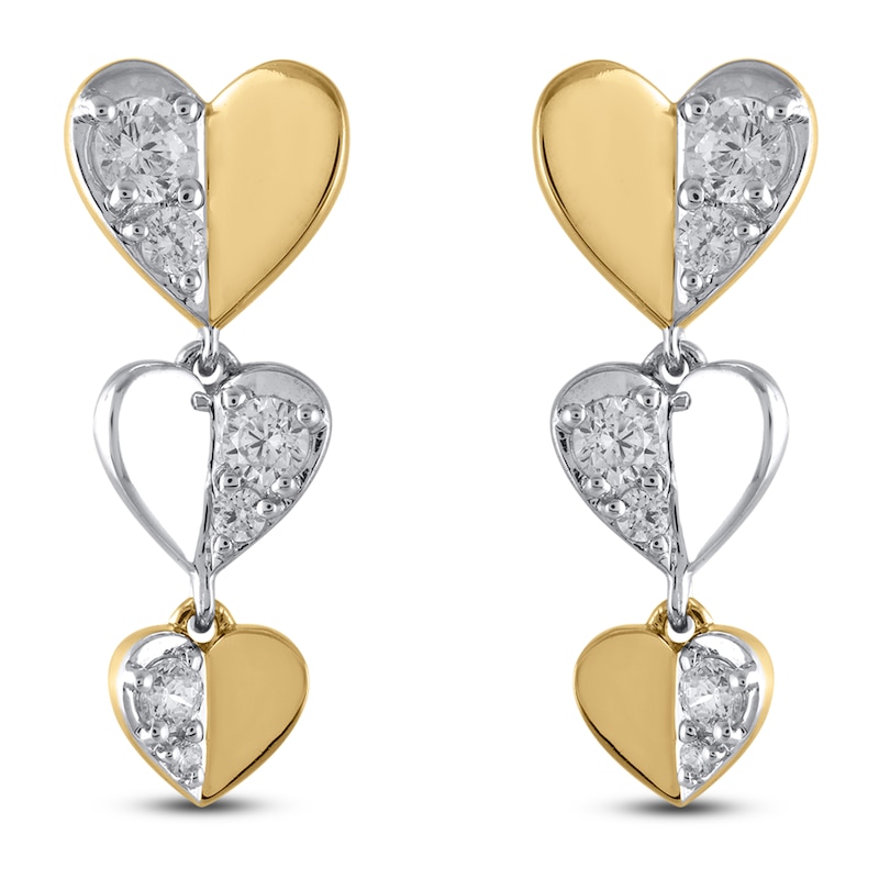 Main Image 3 of Multi-Diamond Heart Trio Drop Earrings 1/5 ct tw 10K Yellow Gold & Sterling Silver