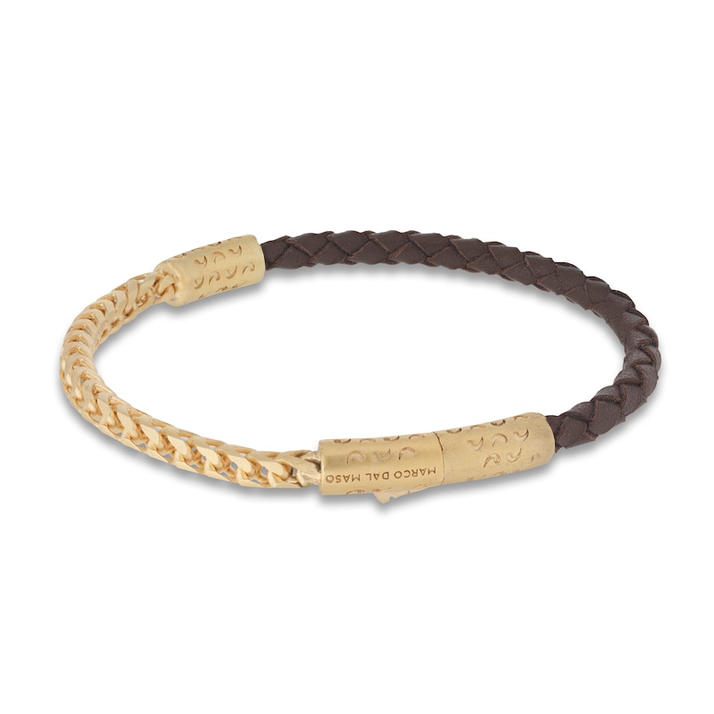 Main Image 2 of Marco Dal Maso Men's Brown Leather Bracelet Sterling Silver/18K Yellow Gold-Plated 8&quot;