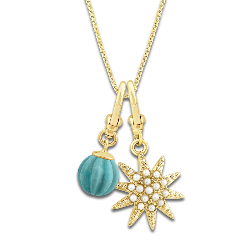 Main Image 1 of Charm'd by Lulu Frost Freshwater Cultured Pearl Star & Natural Turquoise Birthstone Charm 18&quot; Box Chain Necklace Set 10K Yellow Gold