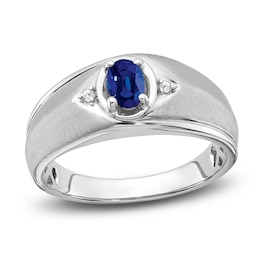 Men's Natural Blue Sapphire Ring Diamond Accents 14K White Gold